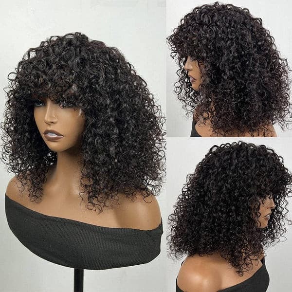 Natural Short Curly Lace Fringe Wig With Bangs