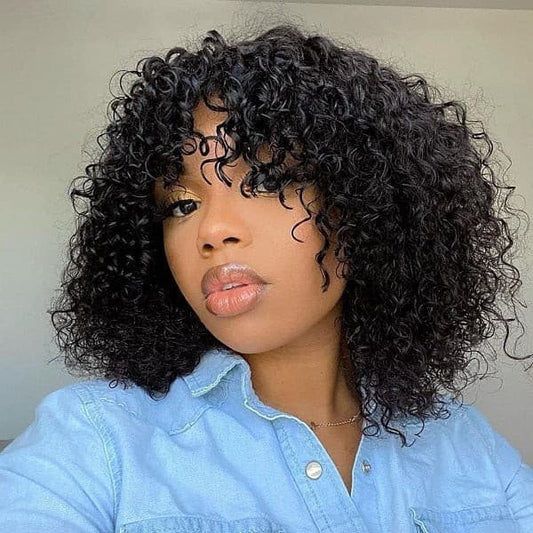 Natural Short Curly Lace Wig With Bangs